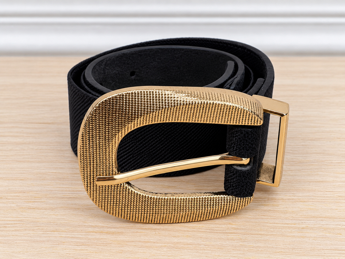 Cintura Nera Elasticizzata con Maxi Fibbia Dorata